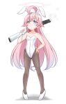  1girl ahoge alternate_costume blue_archive blush breasts collarbone full_body gun halo heterochromia highres hoshino_ouka long_hair looking_at_viewer pantyhose playboy_bunny shotgun simple_background small_breasts solo weapon white_background 