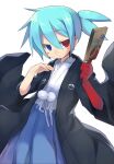  1boy absurdres blue_hair blush_stickers expressionless eyebrows_visible_through_hair gloves hair_between_eyes heterochromia highres japanese_clothes ju-zika kimono open_mouth pom_pom_(clothes) ponytail puyopuyo ribbon sig_(puyopuyo) single_glove solo transparent_background white_ribbon wide_sleeves 