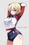  1girl arms_up blonde_hair blue_buruma blue_eyes blush braid breasts buruma character_name closed_mouth darjeeling_(girls_und_panzer) eyebrows_visible_through_hair girls_und_panzer gym_uniform highres inoue_yoshihisa large_breasts lips looking_at_viewer navel one_eye_closed shiny shiny_hair shiny_skin simple_background smile solo standing stretch white_background 