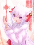  1girl :d animal_ear_fluff animal_ears bangs bell commentary_request eyebrows_visible_through_hair fox_ears fur-trimmed_sleeves fur_collar fur_trim guo582 hair_bell hair_between_eyes hair_ornament hands_up highres holding jacket jingle_bell long_hair looking_at_viewer open_mouth original pink_jacket smile solo upper_body very_long_hair white_hair 