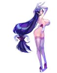  1girl absurdres animal_ears bad_anatomy breasts choker elbow_gloves fake_animal_ears fate_(series) full_body gloves graphite_(medium) high_heels highres huge_breasts imp_(sksalfl132) lips long_hair low-tied_long_hair minamoto_no_raikou_(fate) multiple_sources purple_hair rabbit_ears skindentation standing thigh-highs traditional_media twisted_torso very_long_hair violet_eyes white_background 