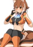  1girl absurdres animal_ears bare_shoulders blazblue blush boots breasts brown_eyes cellphone closed_mouth commentary_request fingerless_gloves gloves hair_between_eyes highres large_breasts makoto_nanaya mirano object_on_breast phone sitting sitting_on_tail smartphone solo squirrel_ears squirrel_girl squirrel_tail sweatdrop tail thigh-highs thighhighs_under_boots under_boob wavy_mouth 