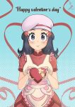  absurdres apron barrette blue_eyes blue_hair blush breasts hikari_(pokemon) dress english_commentary food fruit gift hat heart highres laceysx lipstick looking_at_viewer makeup medium_breasts medium_hair pokemon pokemon_(game) pokemon_dppt pokemon_masters_ex red_dress ribbon strawberry valentine 