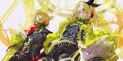  1boy 2girls adjusting_mask alternate_costume belt blonde_hair blue_eyes blurry bow breasts brother_and_sister cable depth_of_field foreshortening frilled_sleeves frills from_below gas_mask gloves hair_bow hair_ornament hairclip headphones heterochromia highres interlocked_fingers jacket kagamine_len kagamine_rin kagamine_rin_(roshin_yuukai/hard_rkmix) kanose looking_at_viewer mask_around_neck midriff midriff_peek multiple_girls navel outstretched_arm outstretched_hand pale_skin parted_lips pov pov_hands print_shirt reaching_out red_gloves roshin_yuukai_(vocaloid) shirt short_ponytail shorts siblings small_breasts torn_clothes torn_legwear twins two-tone_jacket vocaloid yellow_eyes yellow_jacket yellow_nails 