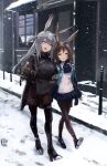  2girls :d ^_^ amiya_(arknights) animal_ears arknights bangs black_gloves black_jacket black_legwear blue_jacket blue_neckwear blue_skirt boots brown_hair closed_eyes commentary_request eyebrows_visible_through_hair full_body gloves grey_eyes grin high_heel_boots high_heels highres jacket long_hair lynchis miniskirt multiple_girls open_mouth outdoors pantyhose rabbit_ears savage_(arknights) shirt silver_hair skirt smile snow thigh-highs thigh_boots walking white_shirt 