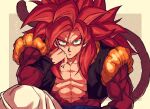  abs bare_pecs biceps closed_mouth dragon_ball dragon_ball_gt fusion_dance gogeta green_eyes hand_on_own_cheek hand_on_own_face head_rest highres looking_at_viewer male_focus manly metamoran_vest monkey_boy monkey_tail muscular muscular_male no_nipples pants pectorals red_fur redhead relio_db318 sitting solo spiky_hair super_saiyan super_saiyan_4 tail white_pants 