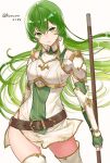  1girl armor bangs belt boots breastplate brown_belt erinys_(fire_emblem) fingerless_gloves fire_emblem fire_emblem:_genealogy_of_the_holy_war fire_emblem_heroes floating_hair gloves green_eyes green_gloves green_hair hair_between_eyes haru_(nakajou-28) head_tilt highres holding holding_lance holding_polearm holding_weapon lance long_hair looking_at_viewer polearm solo thigh-highs thigh_boots twitter_username weapon white_background 