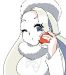  1girl blue_eyes breasts commentary_request forehead fur_collar fur_hat fur_trim gym_leader hand_up hat holding holding_poke_ball jewelry large_breasts long_hair long_sleeves looking_at_viewer melony_(pokemon) muguet one_eye_closed open_mouth platinum_blonde_hair poke_ball poke_ball_(basic) pokemon pokemon_(game) pokemon_swsh ring shiny shiny_hair shirt sketch solo upper_body wedding_band white_headwear white_shirt 