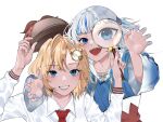  2girls bangs blonde_hair blue_hair blue_nails claw_pose collared_shirt deerstalker eyebrows_visible_through_hair gawr_gura hair_behind_ear hair_ornament hat hievasp highres holding holding_clothes holding_hat holding_magnifying_glass hololive hololive_english monocle_hair_ornament multicolored_hair multiple_girls open_hands open_mouth red_neckwear sharp_teeth shirt silver_hair smile streaked_hair teeth two_side_up v-shaped_eyebrows virtual_youtuber watson_amelia white_shirt 
