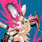  1girl ahoge animal_ears bangs bare_shoulders black_choker blonde_hair breasts chainsaw_man choker clown denji_(chainsaw_man) fox_ears fox_girl hair_ornament hat heart hololive looking_at_viewer mochizuki_maya multicolored multicolored_eyes multicolored_hair omaru_polka open_mouth pink_hair short_hair smile solo violet_eyes virtual_youtuber 