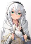  1girl avilia_(majo_no_tabitabi) bangs black_hairband cloak closed_mouth fingerless_gloves gloves green_eyes hair_between_eyes hairband highres kanaria_(kanari_as) long_hair majo_no_tabitabi silver_hair two-tone_gloves white_background white_cloak 