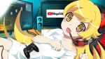  1girl :d bangs blonde_hair blush_stickers brand_name_imitation clenched_hands commentary_request controller dualshock fangs game_controller gamepad happy headphones headset highres indoors long_hair looking_at_viewer lying mashimaro_tabetai monitor monogatari_(series) multiple_monitors on_back open_mouth oshino_shinobu playstation_controller reclining shiny shiny_hair shirt short_sleeves single_bare_shoulder smile solo speaker white_shirt yellow_eyes youtube youtube_logo 