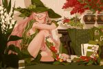  absurdres apple dress flower food fruit glasses grapes hat highres kneehighs long_hair looking_at_viewer original pink_hair plant rcyang0525 shoes shorts sitting sneakers socks tattoo vase very_long_hair wand witch witch_hat 