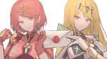  2girls 900p bangs blonde_hair breasts closed_mouth earrings fingerless_gloves gloves highres holding holding_letter jewelry letter long_hair looking_at_viewer multiple_girls mythra_(xenoblade) open_mouth pyra_(xenoblade) red_eyes red_gloves redhead short_hair simple_background sketch smash_invitation smile super_smash_bros. tiara upper_body white_background white_gloves xenoblade_chronicles_(series) xenoblade_chronicles_2 yellow_eyes 