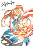  1boy blonde_hair blue_(saga_frontier) blue_eyes closed_mouth fire highres jewelry long_hair looking_at_viewer magic male_focus necklace ponytail saga saga_frontier simple_background solo tukiwani white_background 