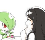  2girls ^_^ bangs berry black_hair bob_cut cake closed_eyes closed_mouth colored_skin commentary_request flat_chest food food_on_face fork from_side gardevoir gen_3_pokemon green_hair green_skin hair_over_one_eye happy holding holding_fork index_finger_raised long_hair muguet multicolored multicolored_skin multiple_girls open_mouth original plate pointing pokemon pokemon_(creature) profile red_eyes shiny shiny_hair shirt short_hair sidelocks sitting smile table two-tone_skin upper_body white_shirt white_skin 