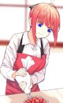  1girl apron baking bangs blue_eyes blurry blurry_background butterfly_hair_ornament cake closed_mouth commentary_request eyebrows_visible_through_hair food fruit go-toubun_no_hanayome gob_susukida hair_ornament highres long_sleeves nakano_nino pink_hair red_apron redhead shirt short_hair simple_background smile strawberry white_shirt 