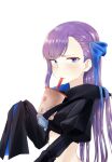  1girl bangs blue_eyes blue_ribbon blush breasts bubble_tea bubble_tea_challenge coffeekite cropped_jacket cup disposable_cup drinking drinking_straw fate/extra fate/extra_ccc fate_(series) hair_ribbon highres long_hair long_sleeves looking_at_viewer meltryllis_(fate) object_on_breast purple_hair ribbon sleeves_past_fingers sleeves_past_wrists small_breasts very_long_hair 