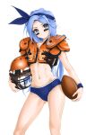  1girl american_football american_football_(object) american_football_helmet american_football_uniform ass_visible_through_thighs ball bandaged_fingers bandages blue_bandana blue_eyes blue_hair blue_shorts chaesu contrapposto facepaint forehead gym_shorts head_tilt helmet highres holding holding_ball holding_helmet long_hair looking_at_viewer minah_(chaesu) navel original shiny shiny_skin shorts solo sportswear standing toned white_background 