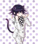  1boy :3 animal_ear_fluff animal_ears bangs cat_ears cat_tail checkered checkered_scarf commentary_request cowboy_shot dangan_ronpa_(series) dangan_ronpa_v3:_killing_harmony hair_between_eyes hands_up highres jacket japduk_s2 long_sleeves looking_at_viewer male_focus open_mouth ouma_kokichi pants paw_pose polka_dot polka_dot_background purple_hair scarf short_hair smile solo sparkle straitjacket tail violet_eyes white_jacket white_pants 