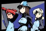  3girls aki_(girls_und_panzer) arms_behind_head arms_up bangs black_border blue_headwear blue_jacket blunt_bangs border brown_eyes brown_hair girls_und_panzer green_eyes grin half-closed_eyes hands_in_pockets hat jacket kanji keizoku_military_uniform krk96gk light_brown_hair long_hair long_sleeves looking_at_viewer low_twintails mika_(girls_und_panzer) mikko_(girls_und_panzer) military military_uniform multiple_girls outside_border parted_lips raglan_sleeves red_eyes redhead shaded_face short_hair short_twintails smile smirk track_jacket tulip_hat turtleneck twintails uniform 