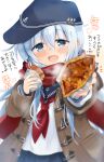  1girl anchor_symbol bangs blue_eyes blue_headwear blue_sailor_collar blue_skirt blush brown_jacket eyebrows_visible_through_hair flat_cap food hair_between_eyes hat hibiki_(kancolle) highres hizuki_yayoi holding holding_food jacket kantai_collection long_hair long_sleeves neckerchief open_mouth red_neckwear red_scarf sailor_collar scarf school_uniform serafuku silver_hair simple_background skirt solo steam translation_request 