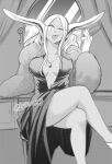  1girl :p animal_ears bangs boku_no_hero_academia breasts breasts_apart carrot crossed_legs dress eyelashes food fur gloves greyscale half-closed_eye holding holding_food holding_vegetable indoors jewelry long_hair looking_at_viewer mirko monochrome necklace no_bra nstime23 parted_bangs rabbit_ears sidelocks sitting solo tongue tongue_out twitter_username vegetable 