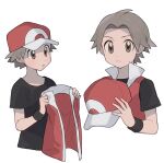  1boy baseball_cap black_shirt black_wristband brown_eyes closed_mouth commentary_request fingernails hat holding holding_clothes holding_hat holding_jacket jacket looking_at_viewer male_focus multiple_views oshi_taberu pokemon pokemon_(game) pokemon_frlg popped_collar red_(pokemon) red_headwear shirt short_hair short_sleeves simple_background sleeveless sleeveless_jacket t-shirt upper_body white_background 