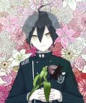  1boy ahoge bangs black_flower black_hair brown_eyes closed_mouth commentary_request curtains dangan_ronpa_(series) dangan_ronpa_v3:_killing_harmony double-breasted floral_background flower from_above hair_between_eyes hands_up holding holding_flower jacket kana_(kttn_r) long_sleeves looking_at_viewer lying male_focus on_back pale_skin pink_flower pink_rose red_flower rose saihara_shuuichi short_hair smile solo striped_jacket upper_body 