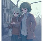  2girls akira_(cookie) alternate_costume bag bangs bare_tree brown_jacket brown_sweater building collared_shirt commentary_request cookie_(touhou) cowboy_shot eyebrows_visible_through_hair gloves green_hair green_skirt grey_gloves grey_pants hand_in_pocket handbag jacket kazami_yuuka lamppost long_sleeves looking_at_another looking_to_the_side macota_(cookie) mittens miyako_(naotsugu) multiple_girls open_mouth pants pillarboxed red_eyes shirt short_hair skirt sweater touhou tree white_shirt wing_collar 