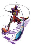  character_name eva_02 extra_eyes green_eyes ground_shatter heyzan highres holding holding_lance holding_polearm holding_weapon lance mecha neon_genesis_evangelion no_humans polearm rebuild_of_evangelion science_fiction solo squatting weapon white_background wire 