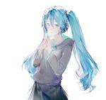  1girl aqua_eyes aqua_hair black_skirt commentary fingers_together grey_hoodie hatsune_miku headphones highres hood hoodie long_hair looking_at_viewer miniskirt open_mouth skirt solo steepled_fingers symbol_commentary twintails upper_body vocaloid white_background yyb 