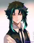  10juu 1boy bangs black_hair closed_mouth collared_shirt facial_mark forehead_mark genshin_impact gradient gradient_background green_hair highres long_hair looking_at_viewer male_focus multicolored_hair necktie parted_bangs shirt sidelocks simple_background slit_pupils smile solo vest xiao_(genshin_impact) yellow_eyes 