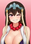  absurdres bead_necklace beads breasts brown_hair earrings eyebrows eyebrows_visible_through_hair fate/grand_order fate_(series) headpiece highres hoop_earrings jewelry large_breasts long_hair necklace one_eye_closed smile the_only_shoe violet_eyes xuangzang_sanzang_(fate) 