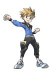 1boy artist_name bangs black_pants black_wristband blue_oak clenched_hands clenched_teeth donnpati full_body highres jacket legs_apart looking_to_the_side male_focus orange_hair pants parted_lips pokemon pokemon_(game) pokemon_masters_ex shoes short_hair simple_background smile solo spiky_hair standing teeth white_background zipper zipper_pull_tab 