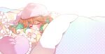  1girl bangs blush chino_machiko colored_inner_hair eyebrows_visible_through_hair green_hair hair_behind_ear hat heart hololive hololive_english multicolored_hair official_art open_mouth orange_hair pajamas pillow pink_headwear sleeping solo takanashi_kiara under_covers virtual_youtuber 