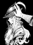  1girl angry bangs black_background bloodborne coat commentary from_side greyscale hand_on_another&#039;s_head hand_on_headwear hat highres kuropin lady_maria_of_the_astral_clocktower long_hair looking_at_viewer monochrome ponytail profile solo_focus the_old_hunters tricorne upper_body 