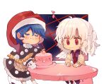  2girls apron beige_jacket black_dress blue_hair blush cake chibi closed_eyes commentary doremy_sweet dream_soul dress eighth_note english_commentary feathered_wings feet_out_of_frame food grey_hair hat highres kabocha1408 kishin_sagume long_sleeves multiple_girls musical_note nightcap oven_mitts pom_pom_(clothes) purple_dress red_eyes red_headwear red_neckwear short_hair single_wing sitting smile socks sweat table tail tapir_tail touhou white_legwear wings 