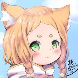  1girl animal_ear_fluff animal_ears blonde_hair blue_background blush braid cat_ears close-up eyebrows face forehead green_eyes highres long_hair looking_at_viewer mimi_pearlbaton re:zero_kara_hajimeru_isekai_seikatsu signature simple_background smile solo tsukimiya_kapuri twin_braids upper_body 