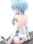  1girl ahoge aisu_(icicleshot) ass back bare_shoulders blush breasts elbow_gloves from_behind gloves hair_between_eyes leotard light_blue_hair neptune_(series) power_symbol red_eyes short_hair_with_long_locks sitting small_breasts solo symbol-shaped_pupils thigh-highs white_gloves white_heart white_legwear white_leotard 