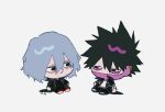  2boys ametaro_(ixxxzu) black_hair black_jacket black_pants black_shirt blue_eyes blue_hair boku_no_hero_academia burn_scar cheek_piercing chibi dabi_(boku_no_hero_academia) highres jacket male_focus medium_hair multiple_boys multiple_scars pants scar scar_on_face shigaraki_tomura shirt short_hair simple_background spiky_hair staple stapled white_background white_shirt wrinkled_skin 