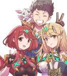  1boy 2girls bangs blonde_hair blush breasts brown_eyes brown_hair chest_jewel dress earrings elbow_gloves fingerless_gloves gloves headpiece jewelry large_breasts long_hair multiple_girls mythra_(xenoblade) pantyhose pyra_(xenoblade) red_eyes red_shorts redhead rex_(xenoblade) short_hair short_shorts shorts super_smash_bros. swept_bangs xenoblade_chronicles_(series) xenoblade_chronicles_2 yazwo yellow_eyes 