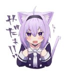 1girl ahoge angry animal_ears black_shirt blush cat_ears clenched_hands commentary cropped_torso eyebrows_visible_through_hair fang hair_between_eyes hairband hololive light_purple_hair looking_at_viewer nekomata_okayu open_mouth sailor_collar sasaki_(glass1138) shirt short_hair simple_background skin_fang solo tail tail_raised tearing_up tears translated upper_body violet_eyes virtual_youtuber white_background white_neckwear