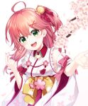  1girl :d ahoge bell cherry_blossoms eyebrows_visible_through_hair floral_print green_eyes hair_bell hair_ornament highres hololive japanese_clothes kimono long_hair looking_at_viewer open_mouth redhead sakura_miko simple_background smile solo takashina_taaa teeth upper_teeth virtual_youtuber white_background white_kimono wide_sleeves x_hair_ornament 