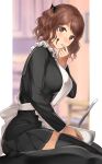  1girl amagami apron bangs black_legwear black_sailor_collar black_shirt black_skirt bowl breasts brown_eyes brown_hair chocolate chocolate_on_face commentary_request food food_on_face from_side hair_ribbon highres ladle large_breasts looking_at_viewer looking_to_the_side nakata_sae parted_lips pleated_skirt ribbon sailor_collar school_uniform serafuku serizawa_(serizawaroom) shirt short_hair short_twintails sitting skirt solo thigh-highs twintails valentine wariza white_apron zettai_ryouiki 