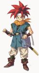  1boy artist_name bag belt black_belt black_footwear black_shirt blue_eyes blue_tunic boots bracer carrying chrono_trigger closed_mouth commentary_request crono_(chrono_trigger) hand_on_hip holding holding_sword holding_weapon hosodayo katana looking_at_viewer male_focus orange_bandana pants redhead satchel shirt short_hair short_sleeves signature simple_background smile spiky_hair standing sword tunic weapon white_background white_pants 