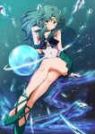  1girl blue_neckwear circlet covered_navel crossed_legs elbow_gloves floating_hair full_body gloves green_eyes green_footwear green_hair green_sailor_collar green_skirt hair_intakes highres long_hair miniskirt pleated_skirt sailor_collar sailor_neptune sailor_senshi_uniform shiny shiny_hair sitting skirt solo tsuji643163271 white_gloves 