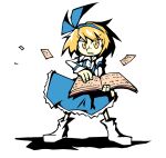  1girl alice_margatroid alice_margatroid_(pc-98) bangs blonde_hair blue_hairband blue_skirt book buttons collared_shirt eyebrows_visible_through_hair flying_paper full_body hairband holding holding_book long_sleeves looking_at_viewer pages paper setz shirt short_hair simple_background skirt solo standing suspenders touhou touhou_(pc-98) v-shaped_eyebrows white_background white_shirt yellow_eyes 
