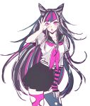  1girl bangs black_hair blue_hair blush_stickers collarbone contrapposto dangan_ronpa_(series) dangan_ronpa_2:_goodbye_despair ear_piercing fake_horns gwanlamcha hair_horns hand_on_own_thigh hand_up highres horns jewelry lip_piercing long_hair looking_at_viewer mioda_ibuki mismatched_legwear multicolored_hair neckerchief necklace open_mouth pale_skin piercing pink_eyes pink_hair pleated_skirt school_uniform serafuku shirt short_sleeves skirt smile solo thigh-highs tongue tongue_out torn_clothes torn_legwear white_background white_hair white_shirt zettai_ryouiki 