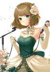  1girl absurdres bangs bare_shoulders blue_eyes blush breasts brown_hair closed_mouth commentary_request cowboy_shot dress elbow_gloves flower gloves green_dress green_eyes hair_flower hair_ornament heart heterochromia highres holding idolmaster idolmaster_cinderella_girls idolmaster_cinderella_girls_starlight_stage looking_at_viewer medium_breasts microphone microphone_stand mole mole_under_eye petals shiny shiny_hair short_hair sleeveless sleeveless_dress smile solo takagaki_kaede white_background white_flower zipgaemi 